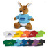 A plush kangaroo toy wearing a blue shirt, surrounded by various T-shirts in bright colours.