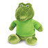 A green crocodile plush toy with a soft texture, wearing a green shirt, sitting upright. Features a logo on the shirt.