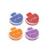 A set of four round pill boxes in blue, orange, red, and purple, each with a white lid and branding.