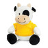 A plush cow toy with a black and white design, wearing a bright yellow shirt, featuring a smiling face.