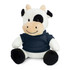 A plush cow toy with black and white fur, wearing a navy blue shirt, sitting upright with a friendly expression.