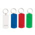 A collection of four keychains in white, blue, red, and green, each with a keyring attachment.