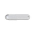 A white measuring scoop with a rounded end and a flat handle, featuring measurement markings and a logo.