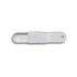 A white measuring scoop with a flat design and rounded ends, featuring a small hole for hanging.