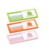 A set of three combs in green, orange, and pink, each with a white casing featuring a logo.