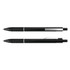 A black metal pen featuring a textured grip and a pocket clip, with a sleek design and silver detailing.