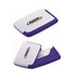 A business card holder in purple and white, featuring a logo on the front, with a flip-open design.