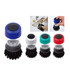 A set of kitchen scrub brushes in blue, white, red, and green, featuring a clear handle and bristle base.