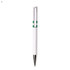 A white plastic pen featuring green accents and a silver tip, with a branding logo on the body.