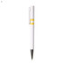 A white plastic pen with yellow accents and a metal clip, featuring a branding logo on the barrel.