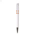 A white plastic pen with an orange accent and a silver tip. The pen features a branding logo.
