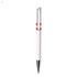 A white plastic pen with a red accent and a metal tip. The pen features a branding logo.