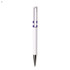 A white plastic pen with a purple accent and a chrome tip, featuring a branding logo.