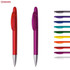 A set of plastic pens in red, purple, and a variety of other colours, featuring silver accents and a logo.