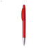 A red plastic pen with a transparent grip and a silver tip, featuring a logo on the side.