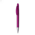 A plastic pen in a vibrant purple colour with a silver tip and a clip. It features a logo on its body.