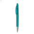 A plastic pen in a vibrant teal hue with a transparent barrel and silver trim. It features a clip and a branding logo.