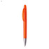 An orange plastic pen with a silver tip and a transparent clip, featuring a logo on the barrel.