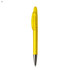 A yellow plastic pen with a clear barrel and silver tip, featuring a logo.