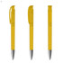 A set of three yellow plastic pens with silver tips and matching caps, featuring a logo on the barrel.