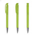 A plastic pen in bright lime green with a silver tip and a retractable mechanism. The pen has a simple, sleek design.