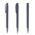 A set of three grey plastic pens with soft grips and metal tips, featuring a logo on each pen.