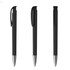 A set of black plastic pens with silver accents, featuring a clip and a sleek design. The product has branding.