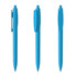A set of three blue plastic pens positioned upright, each displaying a different angle. They all have a simple design and a clip.