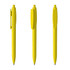 A set of yellow plastic pens displayed from three angles, featuring a clip and a rounded tip design.