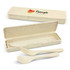 A cutlery set in a beige case, featuring a spoon, fork, and knife. The case has a logo.
