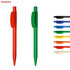 A green and a red plastic pen, with eight additional pens in various colours arranged beside them. Each pen has a clip and a logo.