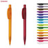 Two plastic pens in orange and red, alongside various other colourful pens, each with a cap and clip. The image includes a logo.