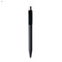 A black plastic pen with a sleek design and a silver clip, featuring a branding logo.