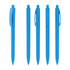 A collection of five blue plastic pens in various positions, featuring clips and a sleek design.