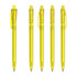 A collection of yellow transparent plastic pens displayed in a row, featuring a clip and a logo on each pen.