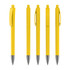 A collection of bright yellow plastic pens with silver accents and clips, featuring a sleek, glossy finish.