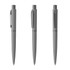A set of three grey metal pens with a sleek design and a clip, featuring a subtle branding logo.