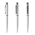 A set of three white metal pens featuring silver detailing and a clip, with a sleek, modern design.
