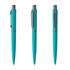 A metal pen in aqua blue, featuring a sleek design with a clip and chrome accents. The pen is displayed in three angles.