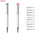 A collection of plastic pens in various colours with white barrels, featuring a clip in blue and orange.