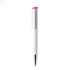 A white plastic pen with a pink clip and chrome accents, featuring a logo.