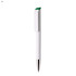 A white pen with a green top and a silver tip, featuring a logo on its body.