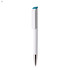 A white plastic pen with a teal accent and a silver tip, featuring a branded logo.