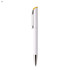 A white plastic pen with a yellow accent and a silver clip. Features a branding logo.