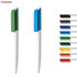 A collection of plastic pens featuring green and blue caps, with additional colours displayed alongside. Each pen has a white body.