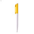 A plastic pen with a white barrel and a bright yellow cap, featuring a logo on the barrel.