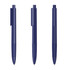 Three navy blue plastic pens with a glossy finish, featuring clips and retractable tips.