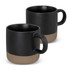 Two black coffee mugs with a matte finish and a beige textured base, featuring a handle and logos.