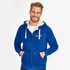 A bright blue unisex zipped sweatshirt with a furry hood lining and a logo on the chest.
