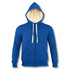 A blue unisex zipped sweatshirt with a cosy sherpa-lined hood and front pockets; features a logo.